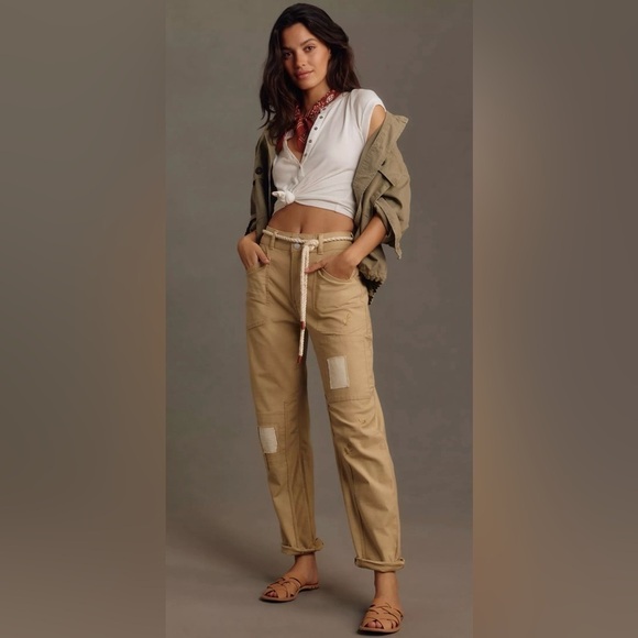 Pilcro Denim - Pilcro The Wanderer Patchwork Utility Jean Sz 26 Beige Mid Rise Relaxed Fit